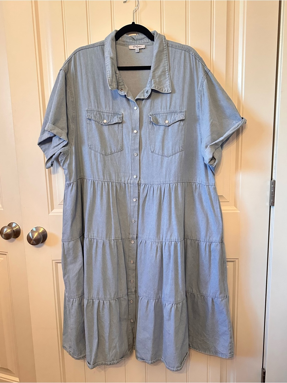 Light Blue Denim Tiered Shirt Midi Dress